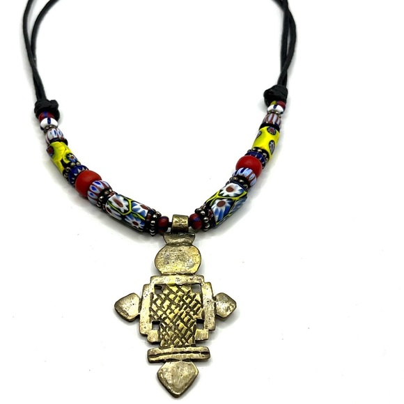 Colorful Beaded Necklace with Brass Coptic Cross Pendant  Unique Original - Picture 2 of 10